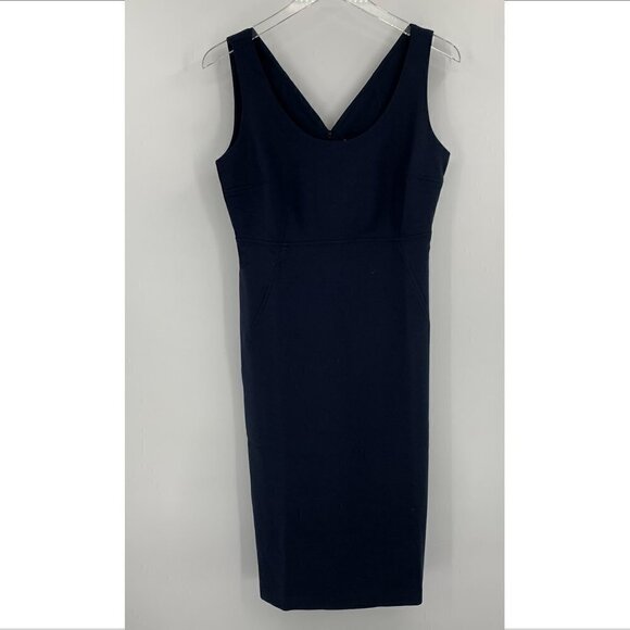 Club Monaco Button Back Vent navy blue shift dress sheath midi career new 8 - Picture 2 of 5